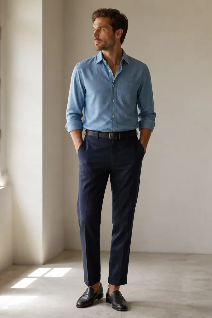 A light blue chambray shirt tucked into navy suit pants with a belt and loafers; no jacket shown; neat, minimal styling.