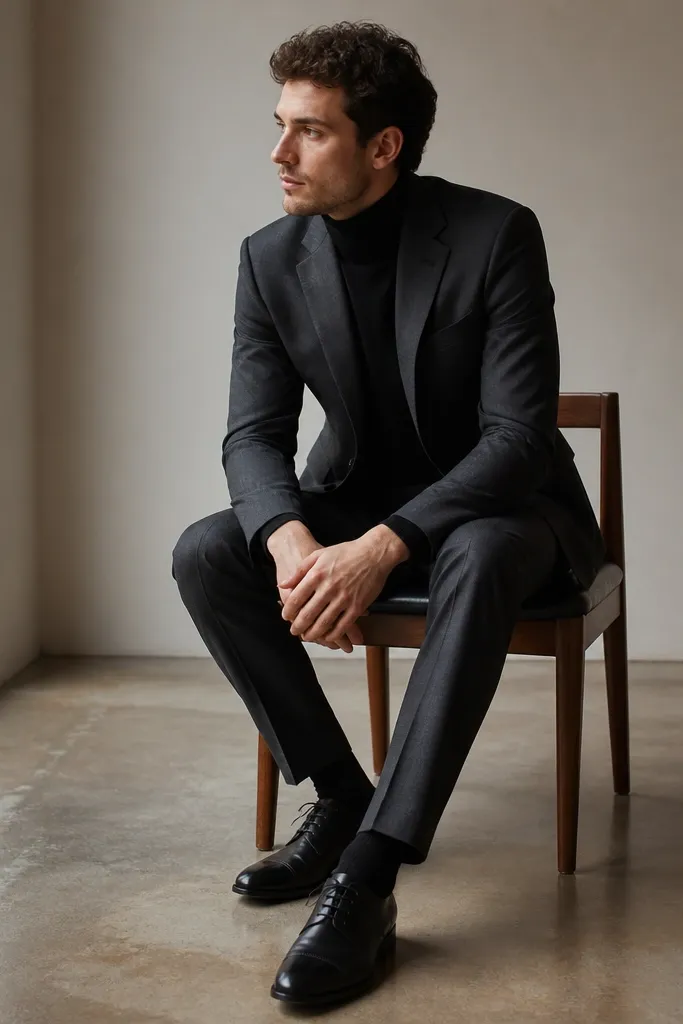 A charcoal two-piece suit with a fitted black turtleneck underneath; polished black leather lace-up shoes and minimal accessories.