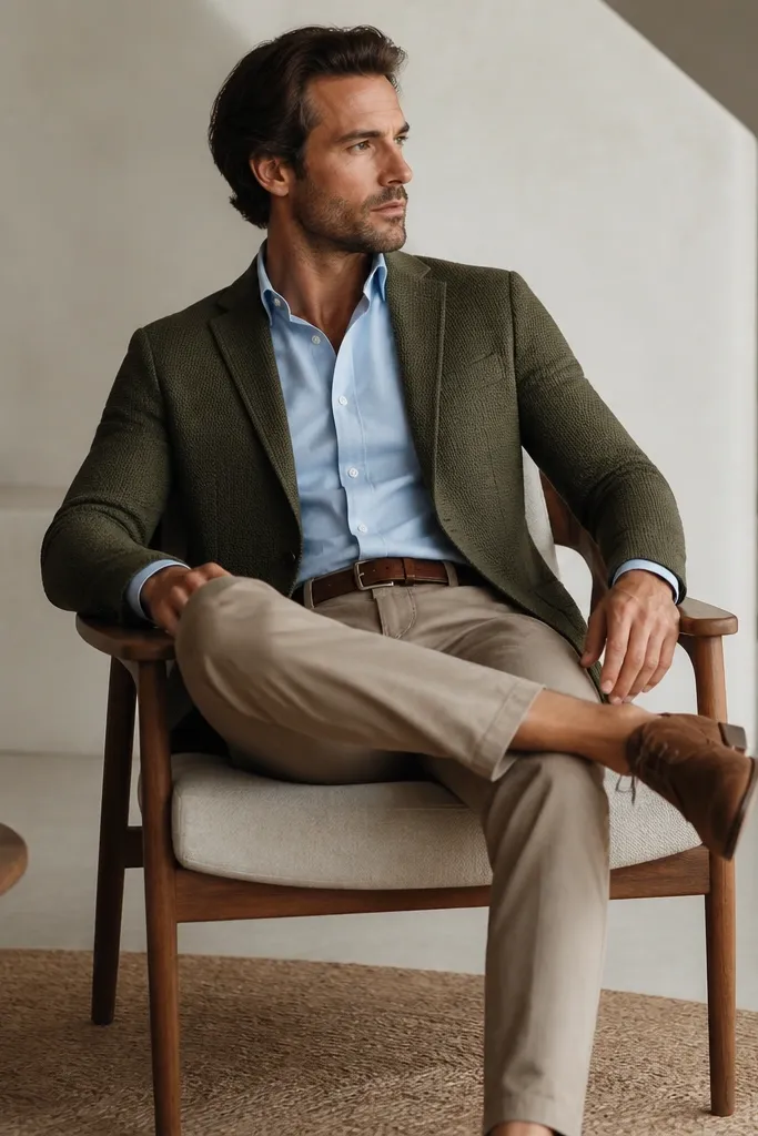 An olive knit blazer over a light blue dress shirt, with tan trousers and suede brown derby shoes; a belt matches the shoe tone.