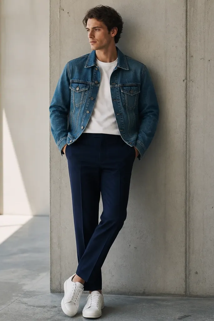 A structured mid-wash denim jacket layered over a plain white crew tee, paired with navy tailored trousers and white leather sneakers.