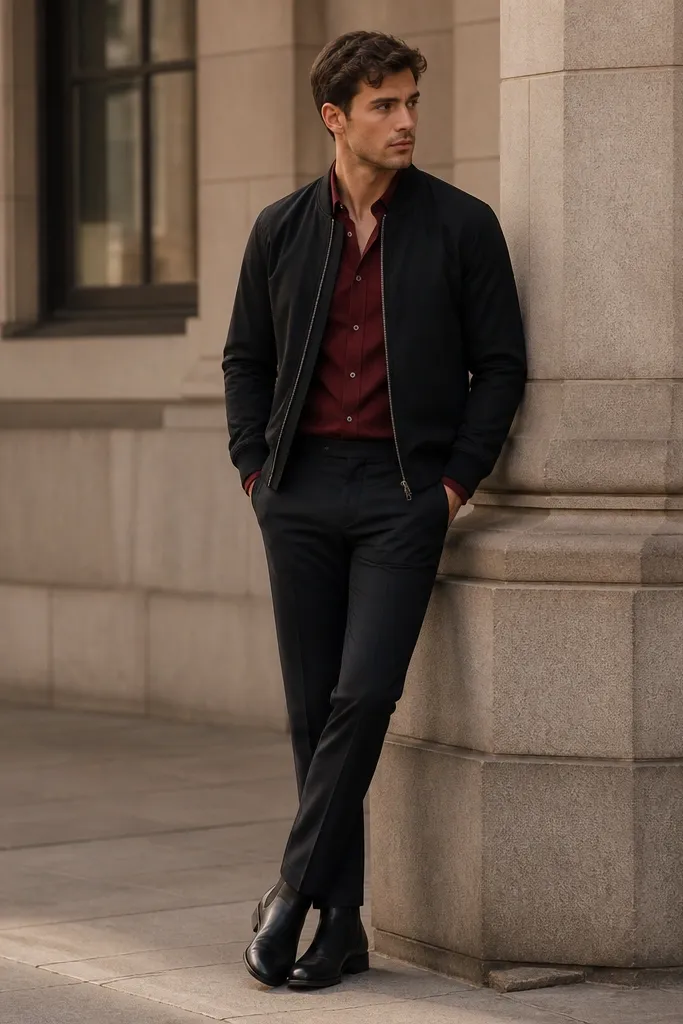 A black bomber jacket zipped halfway over a burgundy button-up shirt, with slim dark chinos and black Chelsea boots.
