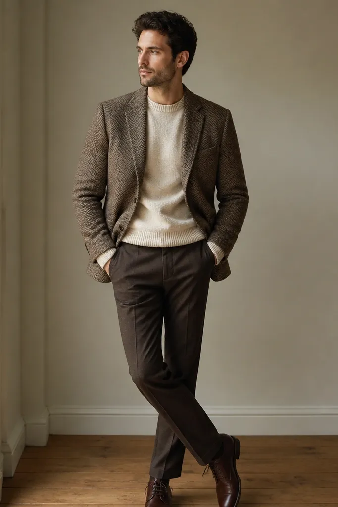 A tweed-inspired blazer in muted brown and cream, layered over a cream crewneck sweater; brown trousers and leather lace-up shoes.