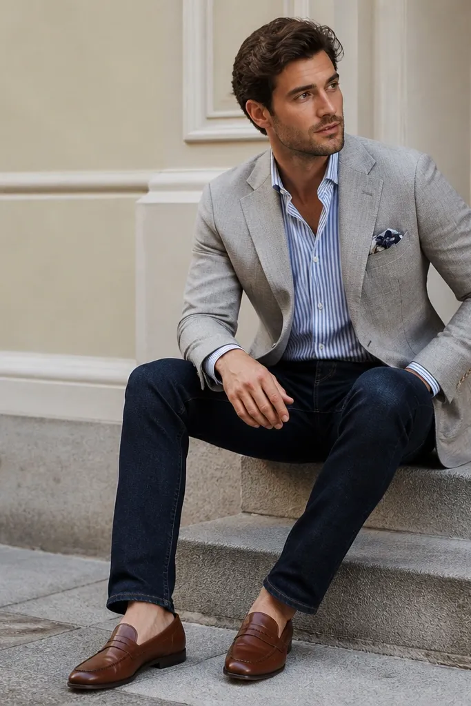 A light gray blazer over a blue-and-white striped dress shirt, with dark indigo jeans and brown loafers; a neatly folded pocket square is visible.