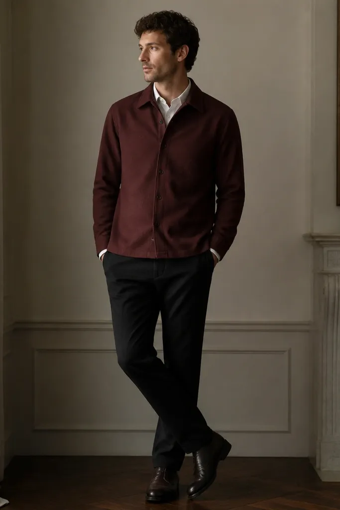 A burgundy overshirt buttoned over a white dress shirt, paired with black chinos and dark leather shoes.