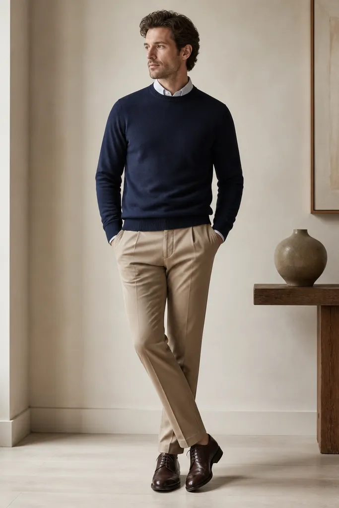A navy crewneck sweater layered over a dress shirt with the collar showing; paired with khaki trousers and dark brown oxfords.