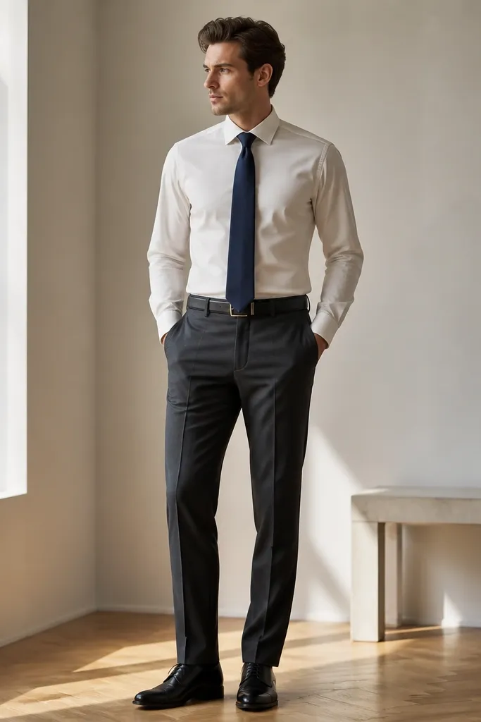 A cream dress shirt with a navy tie, tucked into charcoal trousers; black leather dress shoes and a matching belt.