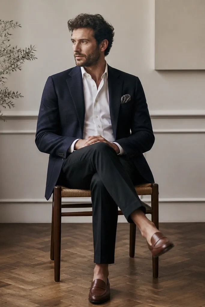 A blazer (navy or charcoal) with a folded patterned pocket square, a solid dress shirt underneath, dark trousers, and brown loafers.