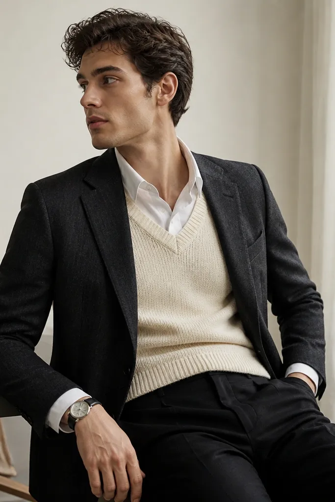 A charcoal blazer worn open over a cream knit sweater vest and a white dress shirt. The outfit includes black dress trousers and a simple watch; no tie is visible.