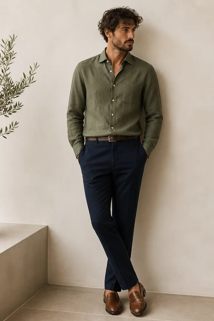 An olive linen button-down with visible texture and a relaxed fit, tucked into navy trousers. The outfit is paired with brown leather loafers and a thin belt; the sleeves are neatly buttoned at the wrist.