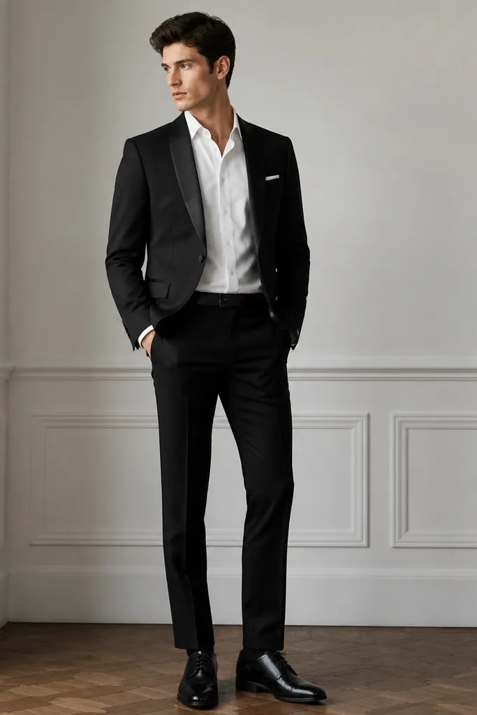 A black tailored blazer with satin-like lapels over a white dress shirt, paired with black trousers. The outfit includes a black belt and polished black leather oxfords; a tiny white pocket square is folded neatly.