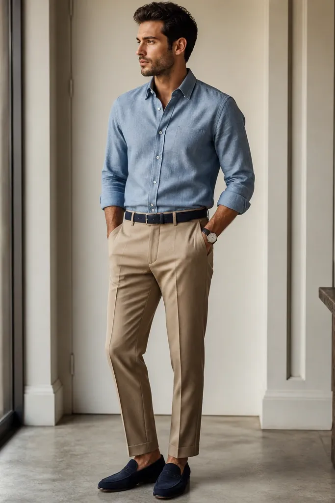 A blue chambray button-up with subtle texture tucked into tan suit-style trousers. Navy belt and navy suede loafers match, and there’s a rolled-sleeve casual polish; a minimal watch sits on the wrist.
