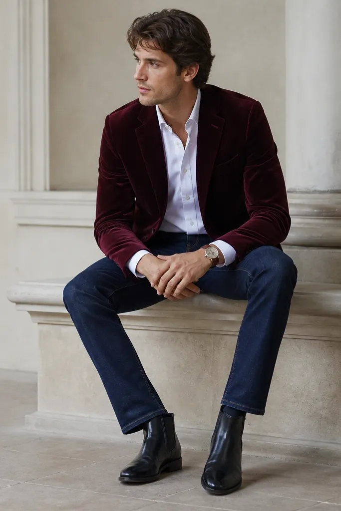 A burgundy velvet blazer worn over a white oxford shirt, with dark indigo jeans that have a clean, non-faded look. The outfit is finished with black Chelsea boots and a brown leather watch strap.