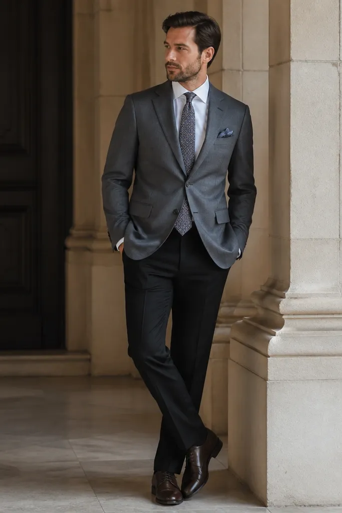 A solid gray blazer over a white dress shirt with a medium-width patterned tie. The trousers are black, and the shoes are dark brown leather derbies; a folded pocket square echoes one tie color.