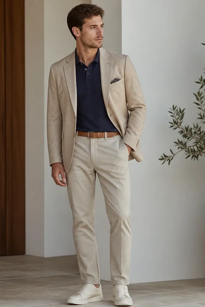 A beige blazer over a navy polo shirt with a structured collar, tucked into stone-colored chinos. The outfit includes a tan belt and white-to-cream leather sneakers or loafers, plus a simple pocket square.