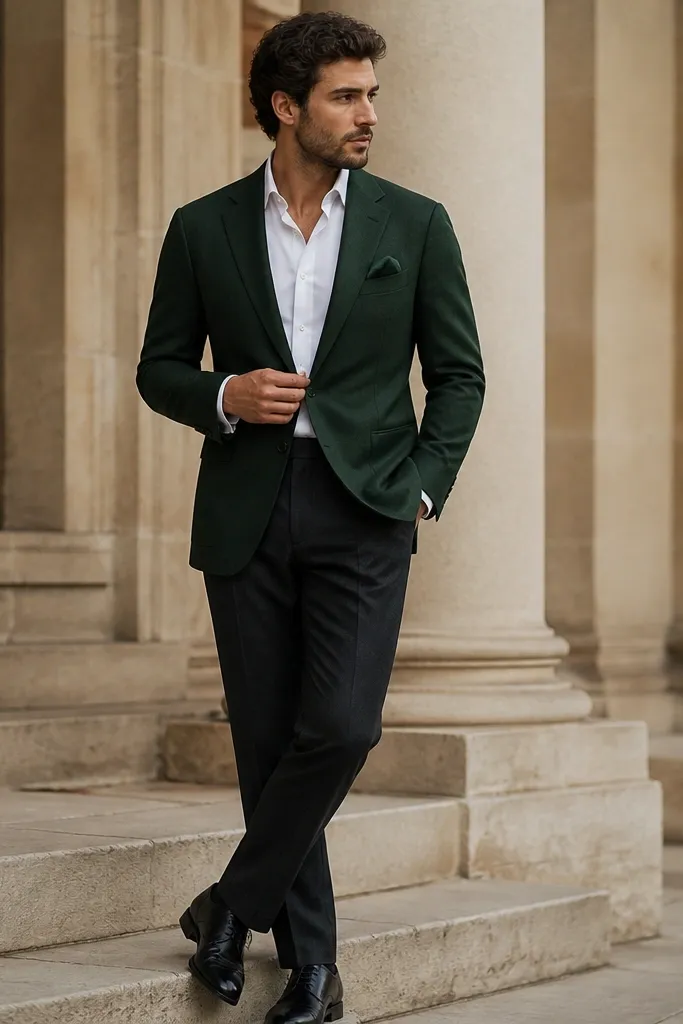 A forest green suit jacket over a crisp white dress shirt. The trousers are dark charcoal, and a green pocket square matches the jacket tone. The shoes are black leather oxfords.