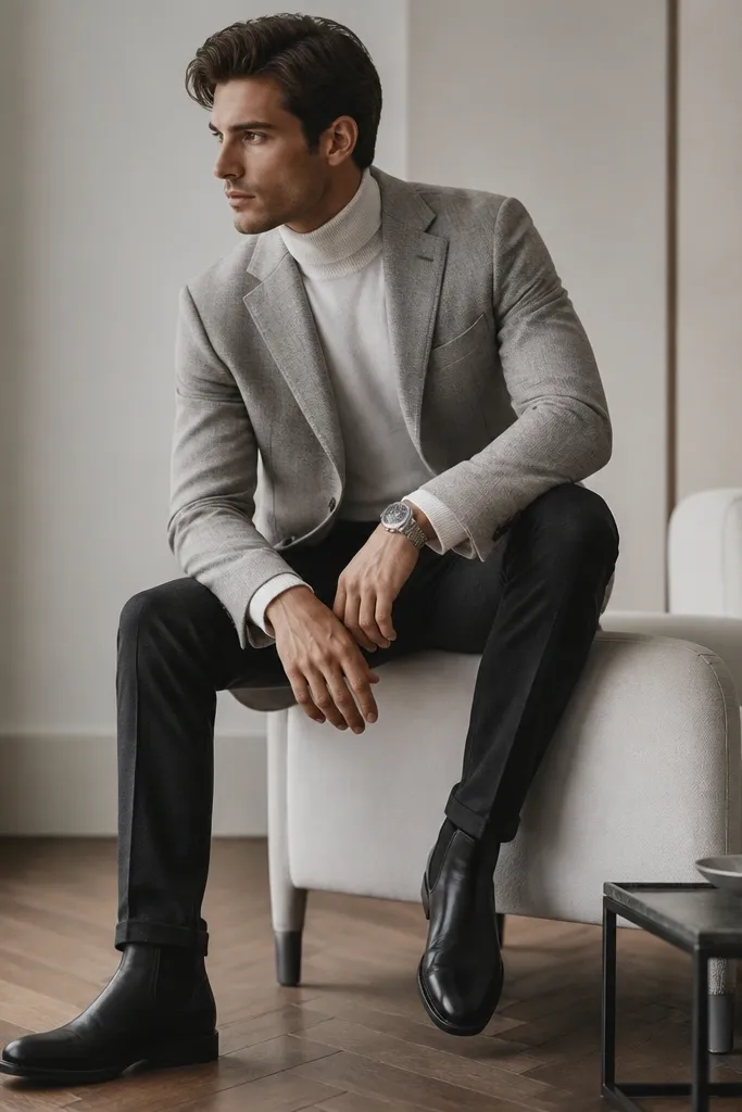 A light gray wool blazer worn over a fitted white turtleneck. The trousers are dark (charcoal or black), and the outfit includes black leather boots and a silver watch.