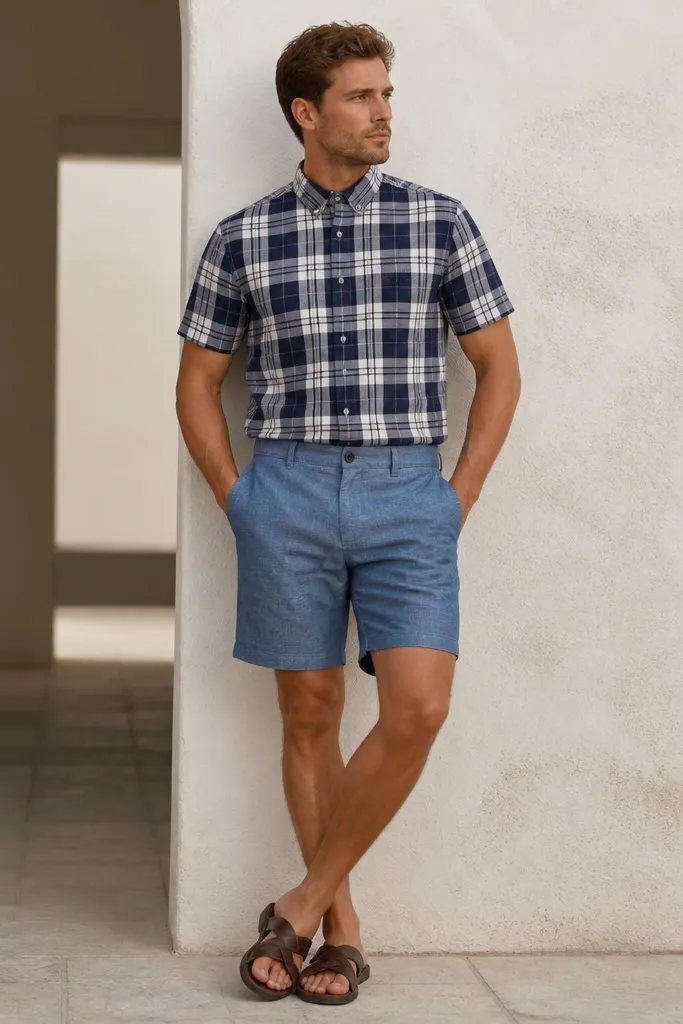 A navy and white plaid short-sleeve flannel worn buttoned to the collar, paired with mid-wash chambray shorts and brown leather sandals. The shirt looks structured with crisp seams and a clean waistband line.