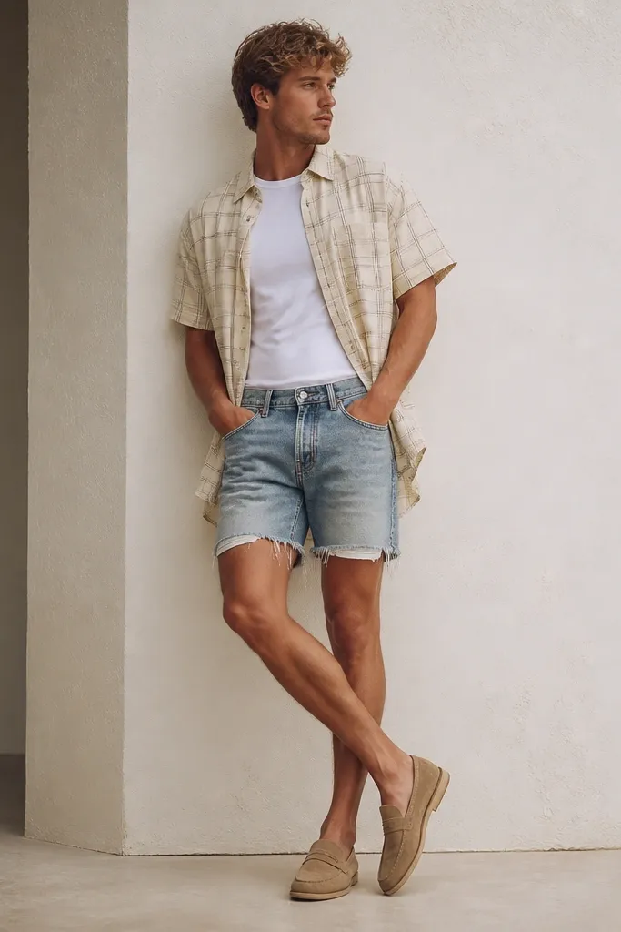 A cream short-sleeve flannel overshirt worn open over a fitted white tee, paired with washed denim cutoffs and tan suede loafers. The flannel has thin plaid lines and a slightly longer back hem.