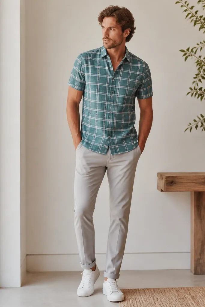 A teal-and-white windowpane short-sleeve flannel buttoned with a slight V opening, paired with light gray chinos and white canvas sneakers. The shirt looks crisp and the chinos are tapered.