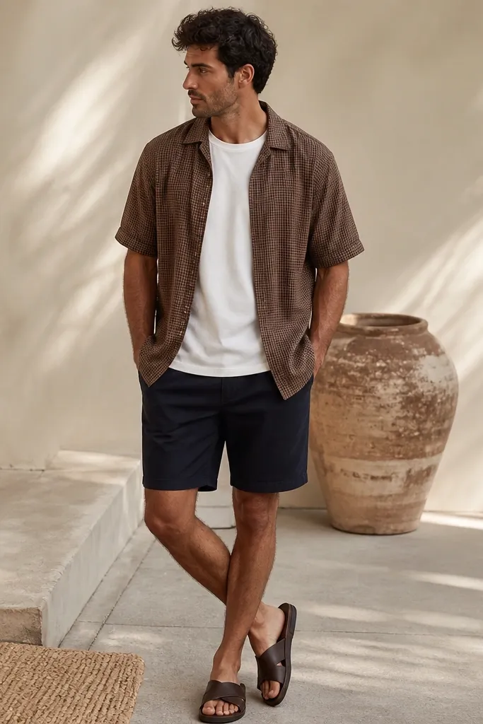 A brown short-sleeve flannel-style shirt with a knit-like texture layered over a plain white tee, paired with navy shorts and dark brown leather slides. The flannel has small check detailing.
