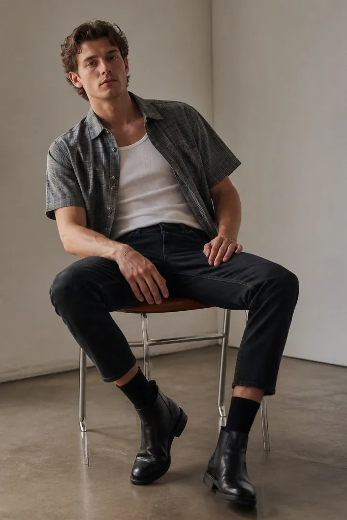 A gray short-sleeve flannel worn open over a white tank, paired with dark wash cropped jeans and black ankle boots. The jeans stop above the ankle, showing sock and boot height.