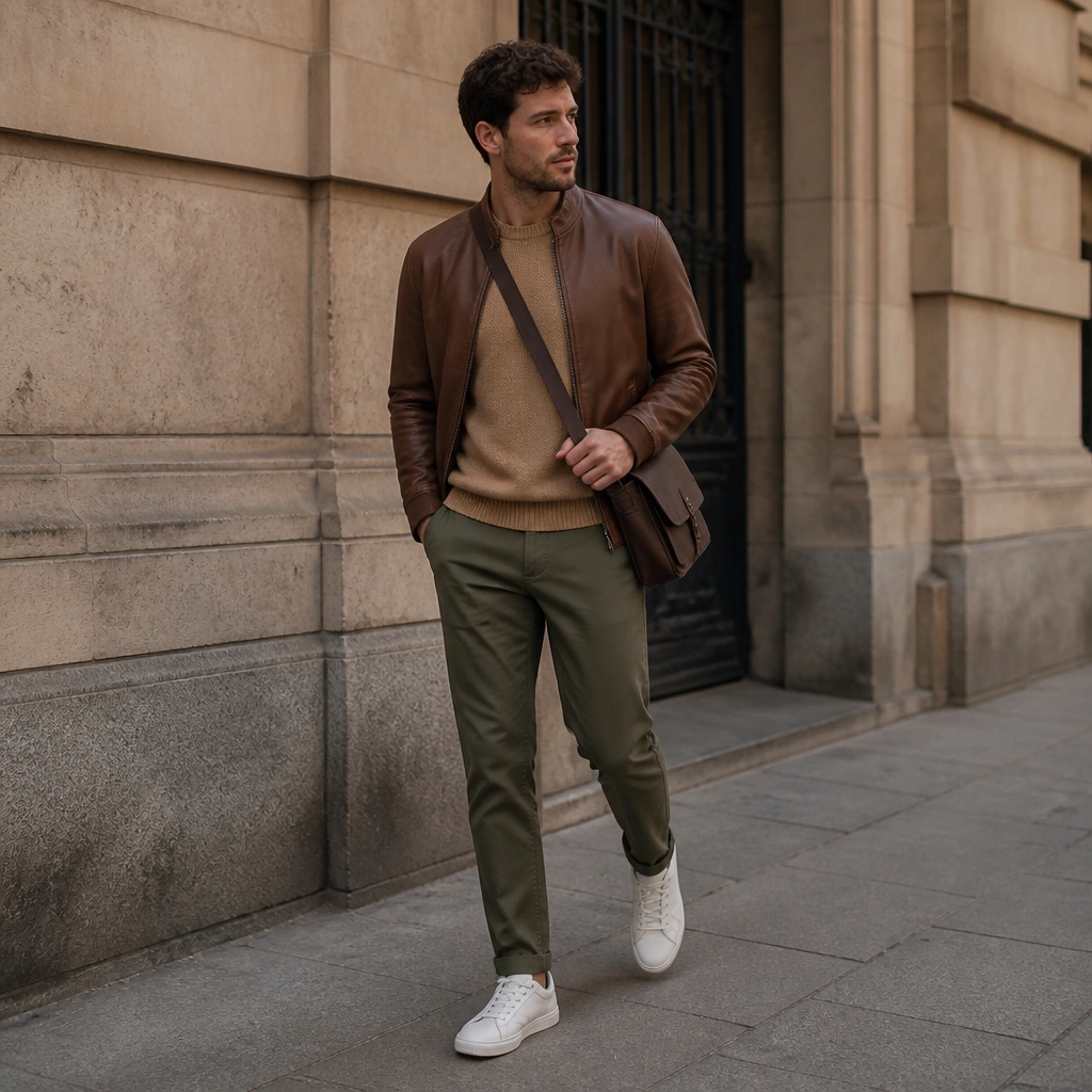 A camel knit sweater layered under a medium brown leather jacket, paired with olive chinos and clean white low-top sneakers; a crossbody bag sits at the hip.