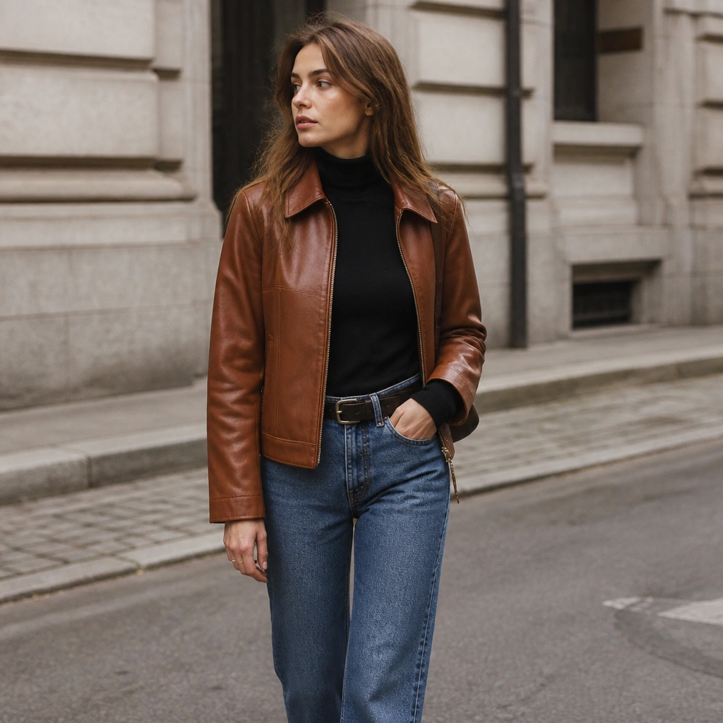 A cognac-brown leather jacket over a fitted black turtleneck, with straight-leg blue jeans and a dark belt; the scene is styled like a street photo with soft daylight.