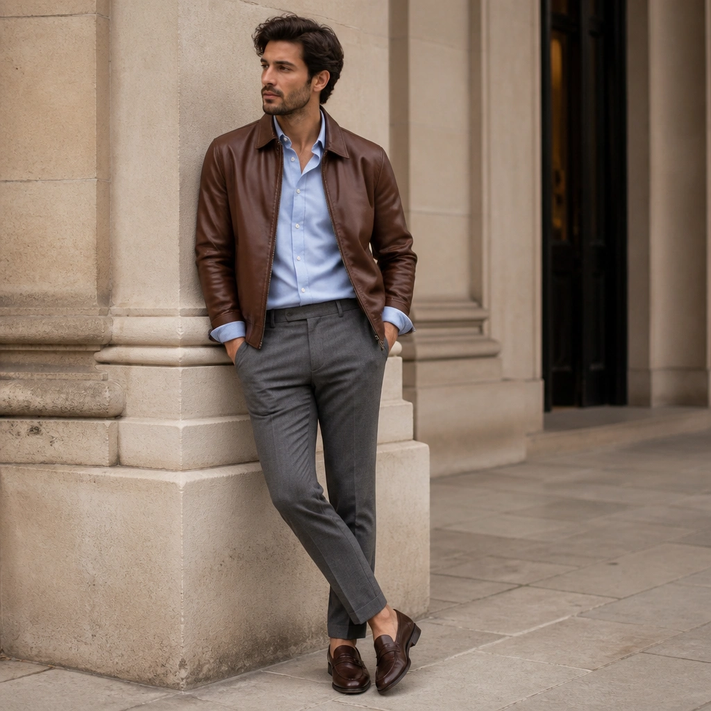 A light blue button-down shirt under a brown leather jacket with grey tapered trousers and brown leather loafers; sleeves are neatly rolled once at the wrist.