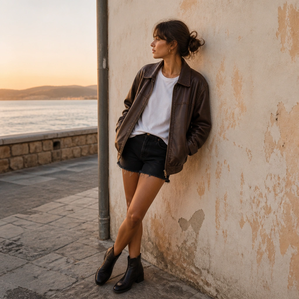 A chocolate-brown leather jacket over a slightly oversized white tee, paired with black denim shorts and ankle boots; the photo shows a casual summer evening vibe.
