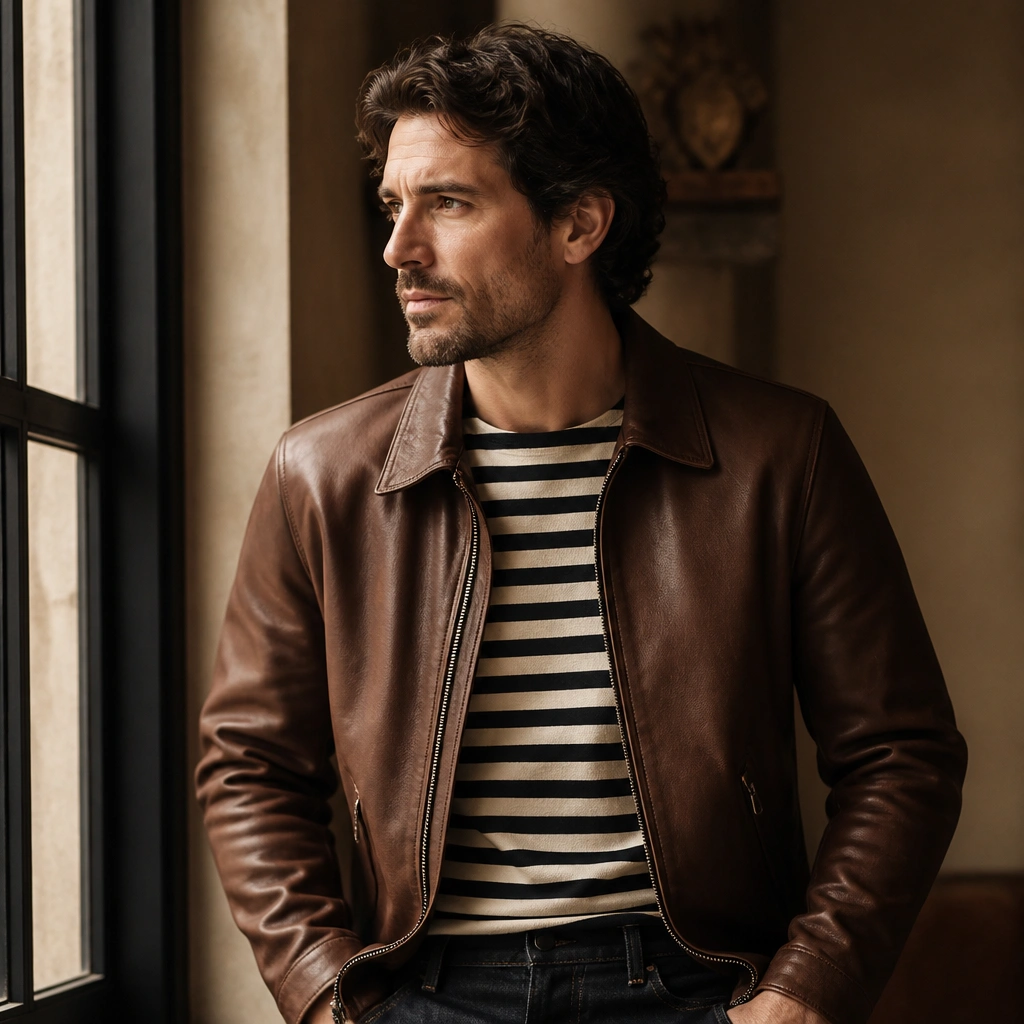 A brown leather jacket worn over a black-and-cream striped tee, with dark jeans and brown suede loafers; the outfit is photographed from the waist up with warm tones.
