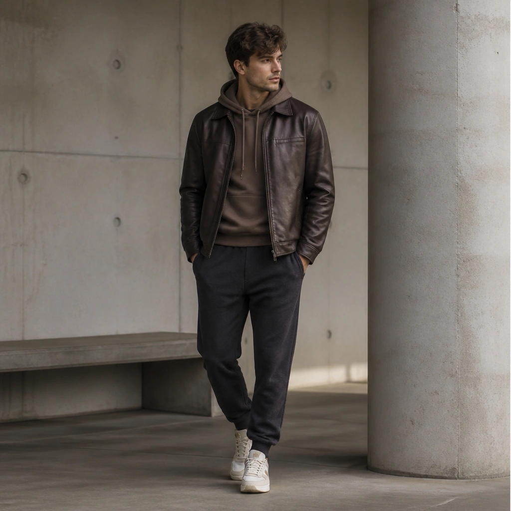A mocha-brown hoodie layered under a dark brown leather jacket, paired with charcoal joggers and minimal sneakers; the hoodie drawstrings are visible and the hood is down.