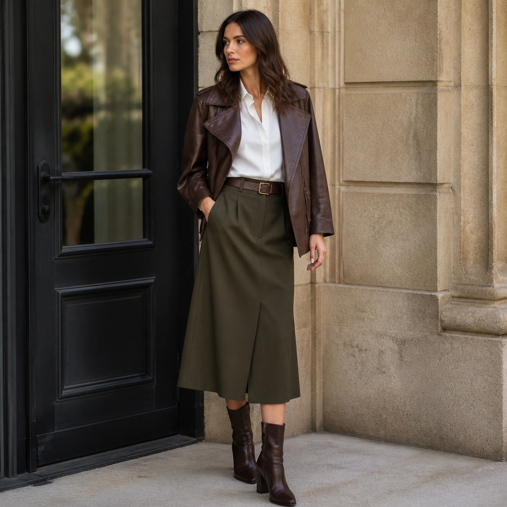 A white button-down shirt tucked into an olive midi skirt, layered with a brown leather jacket; the photo shows a belt at the waist and heeled ankle boots.