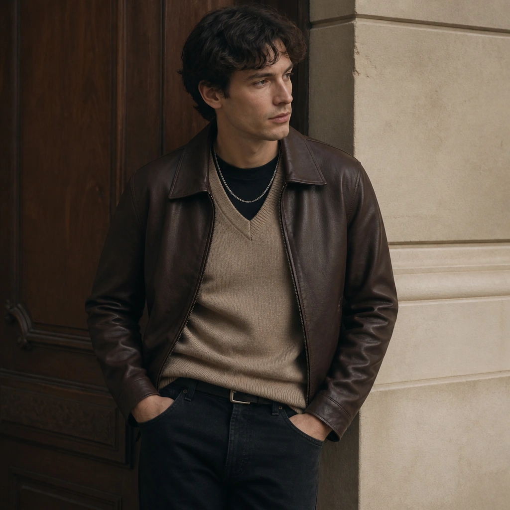 A tan sweater vest over a dark base layer, topped with a brown leather jacket, paired with black jeans; the outfit is styled with a simple chain necklace.