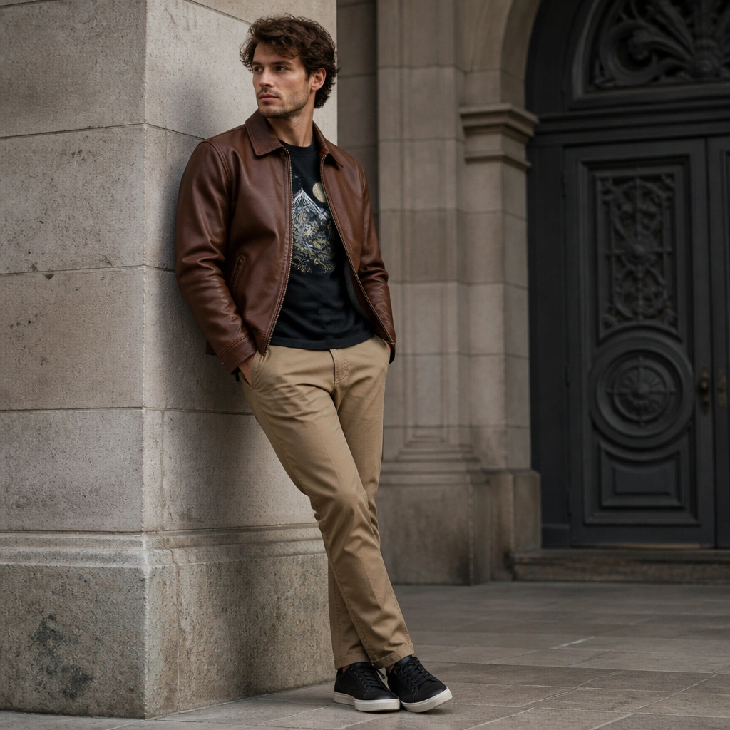 A brown leather jacket over a black graphic T-shirt, paired with khaki chinos and dark sneakers; the graphic is visible and the jacket collar sits neatly.