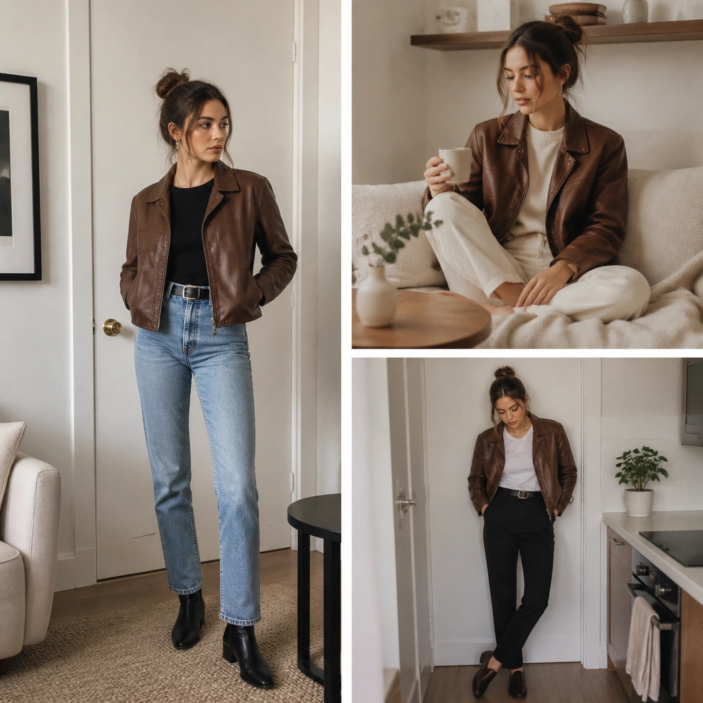 Small-Space Brown Leather Jacket Outfit Ideas