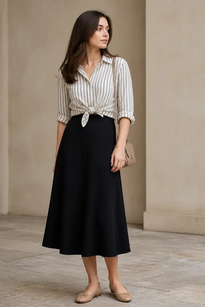 Woman wearing a striped button-up knotted at the waist over a black midi skirt with a slight A-line shape; nude ballet flats; a thin crossbody bag.