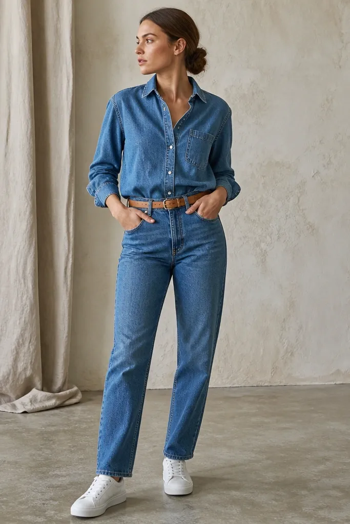 Woman in a medium-wash denim button-up tucked into high-waisted jeans in the same wash; a tan belt; white sneakers; hair in a low bun.