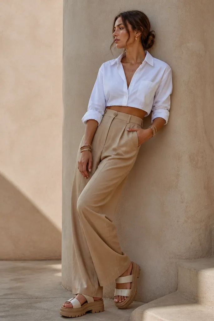 Woman wearing a cropped white button-up with sleeves rolled, tucked into high-waisted tan trousers; chunky platform sandals; layered bracelets.
