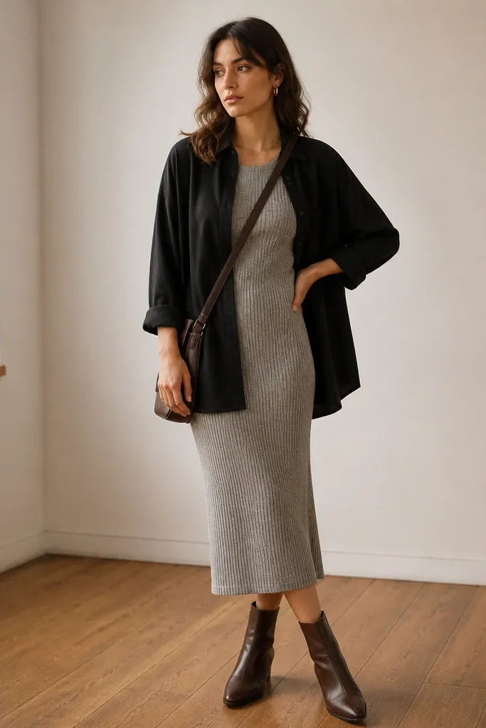 Woman wearing a black button-up open over a gray ribbed midi dress; ankle boots in dark brown; crossbody bag; small hoop earrings.