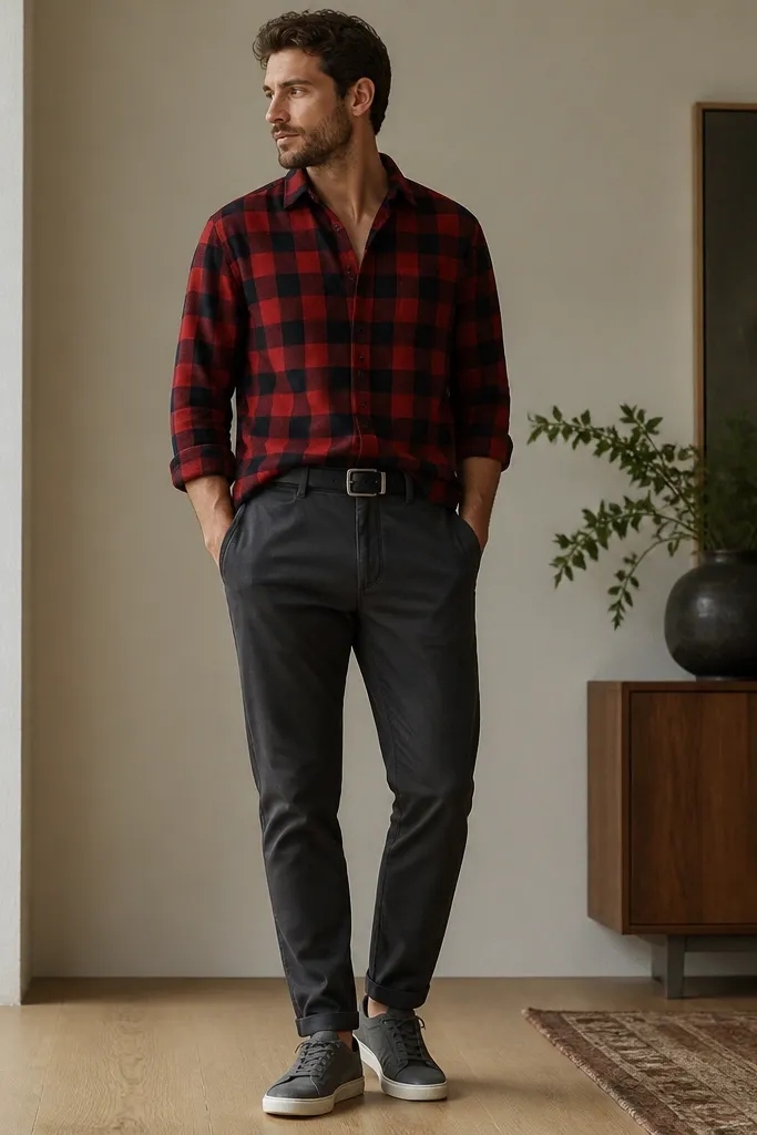A black-and-red buffalo check flannel buttoned halfway, half-tucked into charcoal elastic-waist chinos. A simple black belt sits at the waist; sneakers are dark gray.