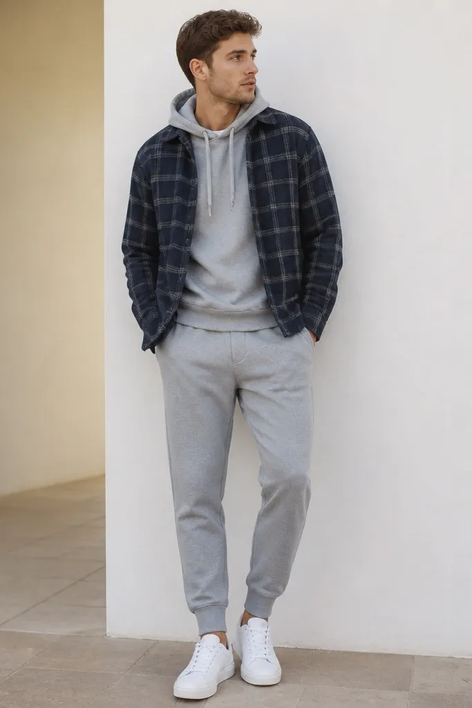 A navy plaid flannel worn unbuttoned over a heather-gray hoodie, paired with tapered gray sweatpants and white sneakers. The flannel hem covers the top of the sweatpants waistband.