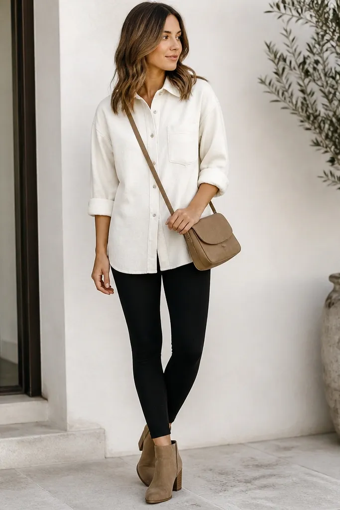 An ivory flannel button-up worn buttoned with the sleeves rolled to mid-forearm, paired with black leggings. A tan crossbody bag sits at the hip; ankle boots are visible.