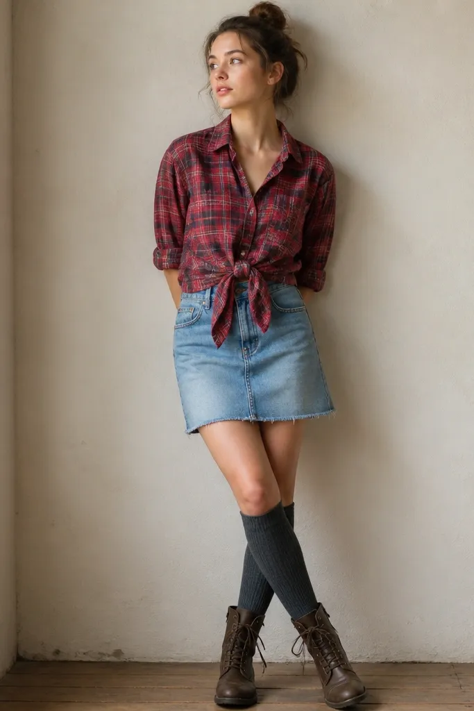 A red plaid flannel worn as a button-up layered over a denim skirt. The flannel is tied at the waist, and knee-high socks with lace-up boots complete the look.