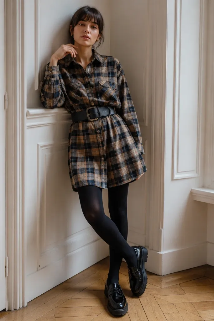 A plaid flannel shirt-dress cinched at the waist with an oversized belt. The dress falls to mid-thigh, and the model wears black tights and chunky loafers.