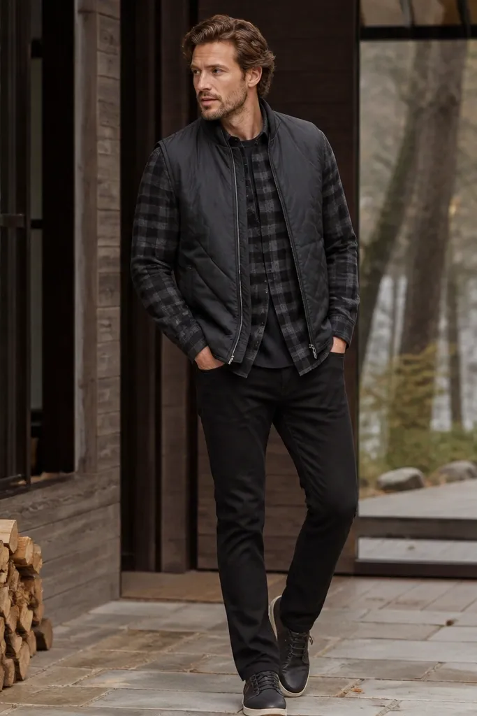 A charcoal plaid flannel buttoned over a dark long-sleeve base, layered with a slim quilted vest. Slim black pants and dark sneakers finish the look.