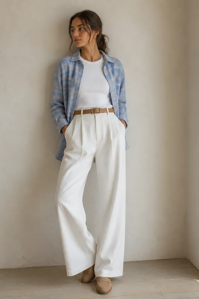 A sky blue plaid flannel worn open over a white fitted tee, paired with white wide-leg trousers. The outfit includes tan belt detail and minimalist loafers.
