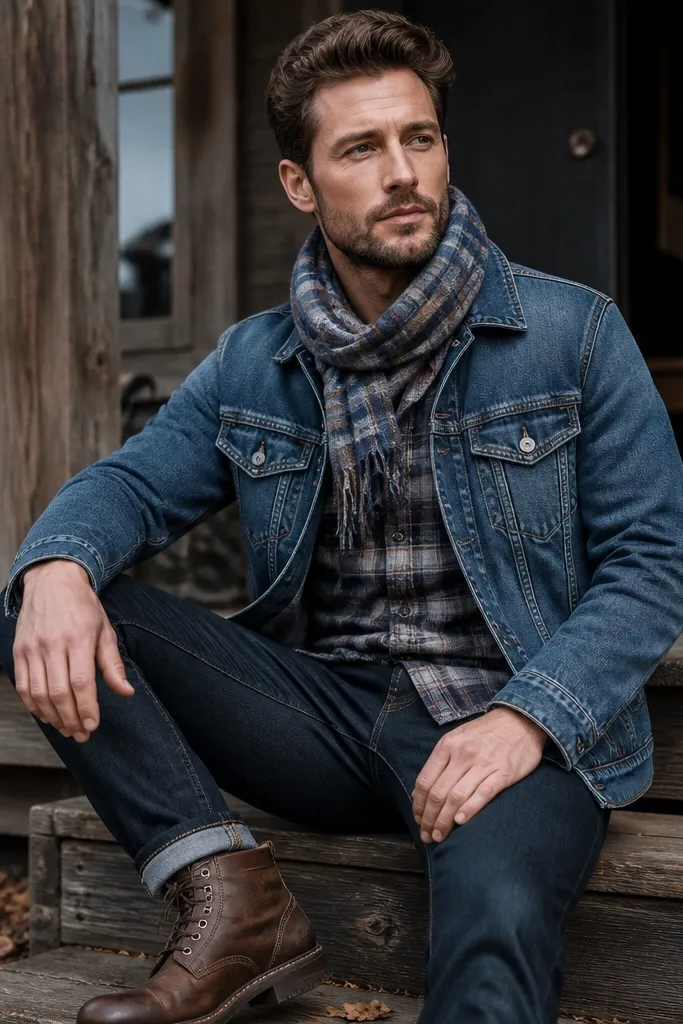 A medium-wash denim jacket layered with a flannel button-up, plus a plaid scarf in matching tones. The scarf is wrapped once and tucked at the front; boots and dark jeans complete the look.