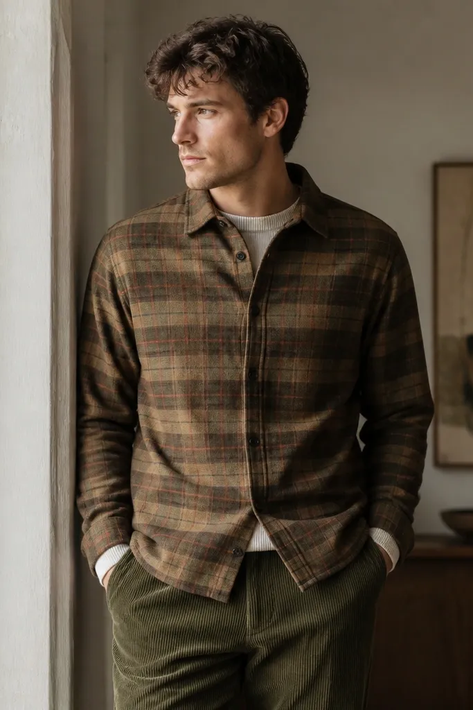 A brown-and-olive flannel overshirt worn over a cream knit, paired with olive corduroy pants. The overshirt is buttoned and slightly untucked at the hem.