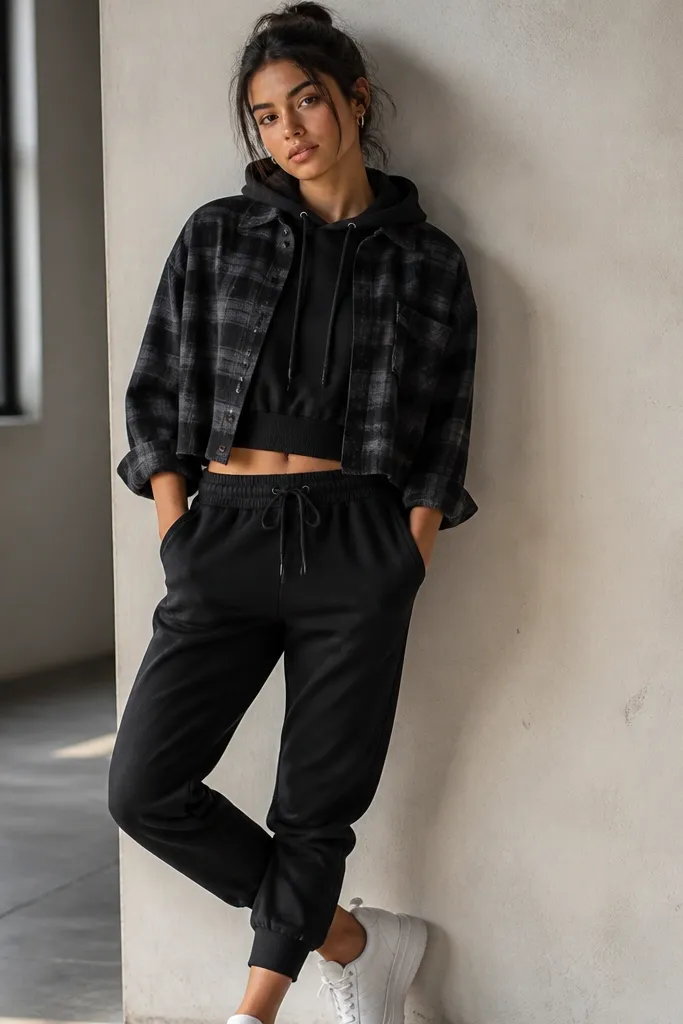 A black plaid flannel layered over a cropped black hoodie, paired with tapered joggers. The flannel hem ends above the hoodie hem, and the sleeves are rolled once.