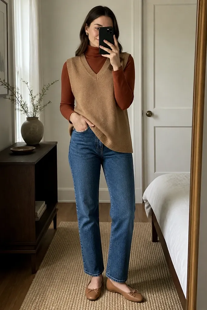 A mirror selfie-style image: a camel sweater vest layered over a fitted rust turtleneck, worn with medium-wash straight-leg jeans and tan ballet flats; the hem of the vest covers the hip.